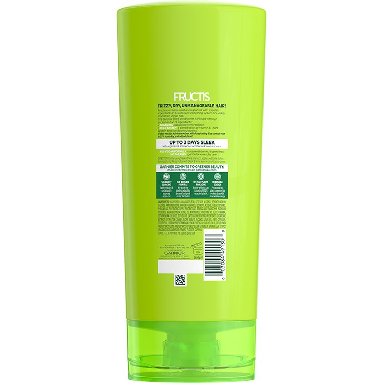 Green bottle of Fructis Sleek & Shine conditioner, back view.
